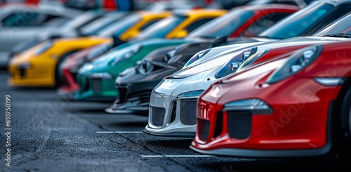 A row of different colors and models of new cars were parked in the parking lot, in a closeup shot. The focus is on one white car in front with its doors open. There was another red model next to it. 