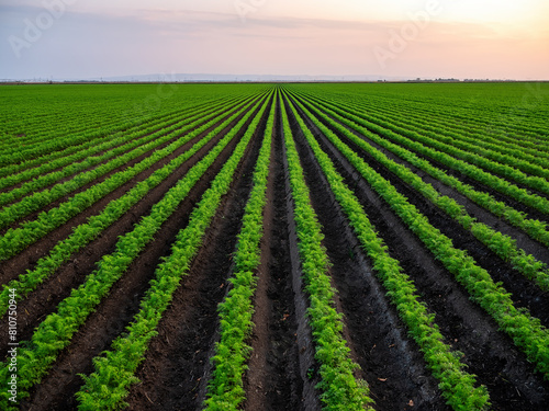Agricultural landscape at sunset with symmetrical carrot crop rows under a colorful sky