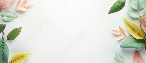 A minimalistic concept with a nature theme featuring a top down view of pastel background with tree leaves perfectly suited for copy space image