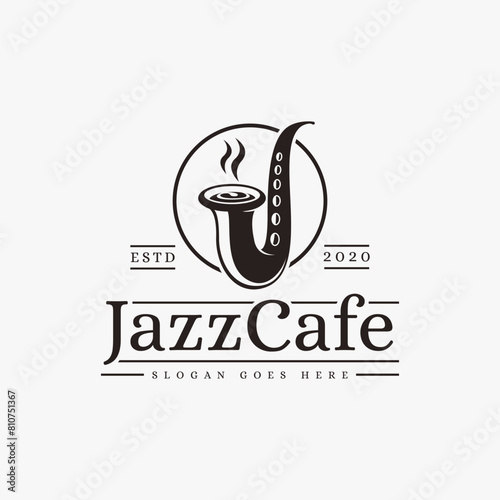 Creative Jazz bar, jazz cafe logo with J saxophone and  coffee cup vector icon on white background
