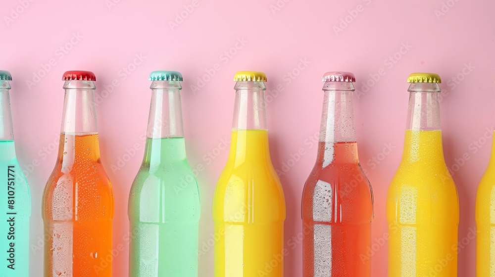 A row of six bottles of soda with different colors A row of six bottles of soda with different colors