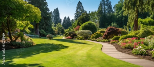 A scenic walking path with wood chips surrounded by lush green lawns and beautiful garden features offers a serene ambiance in the park copy space image © HN Works