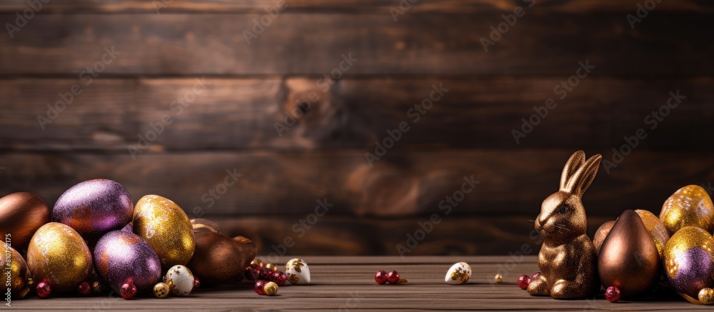 Naklejka premium A wooden background provides a copy space image for a chocolate Easter rabbit and eggs