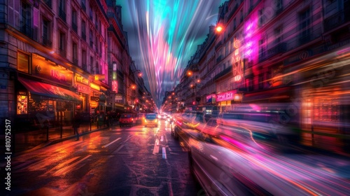 A motion blurred street at night, with light streaks and cars driving fast 