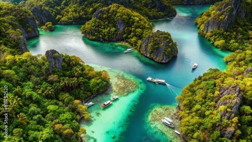 Aerial view of the iconic mangroves and turquoise lagoons in El Nido, Palawan Island with small boats around it.
