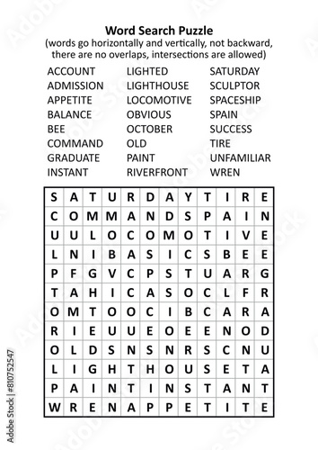 Word search puzzle (general knowledge, family friendly, words ACCOUNT - WREN). Answer included.
