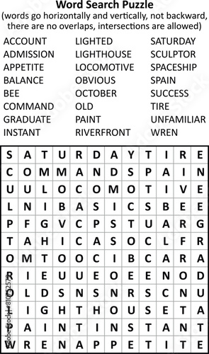 Word search puzzle (general knowledge, family friendly, words ACCOUNT - WREN). Answer included.
