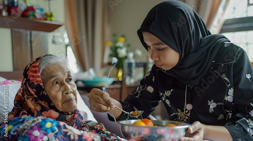 Caring young woman feeds elderly lady in bed, intergenerational support. A moment of compassion and care in a home setting. Lifestyle image. AI photo