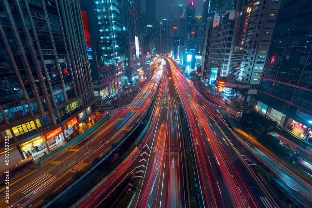 A high-angle shot of a bustling city street at night, with numerous vehicles creating streaks of light as they move through the busy traffic