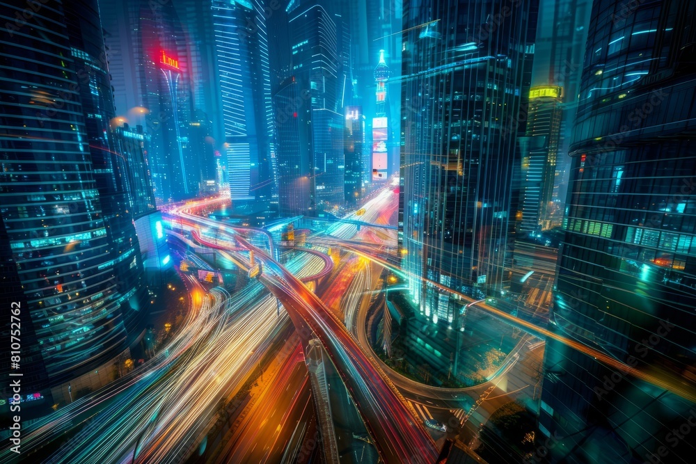 A high-angle view of a city street at night filled with numerous vehicles, creating streaks of light as they move through the busy urban landscape