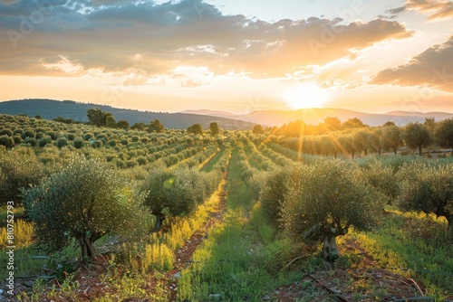 A field of olive trees bathed in the warm light of the setting sun