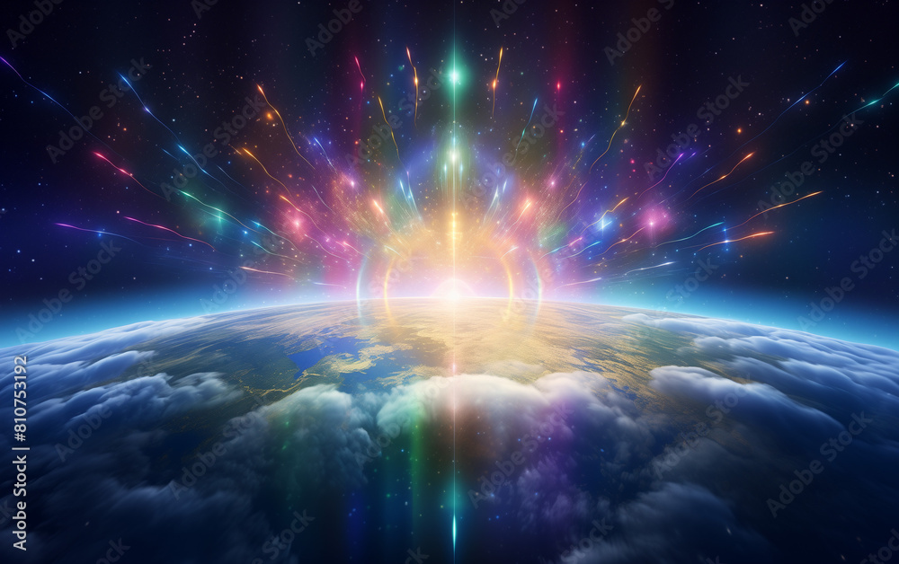 Cosmic Harmony: Earth Enveloped in Universe Lights, Rainbows, and Starry Skies