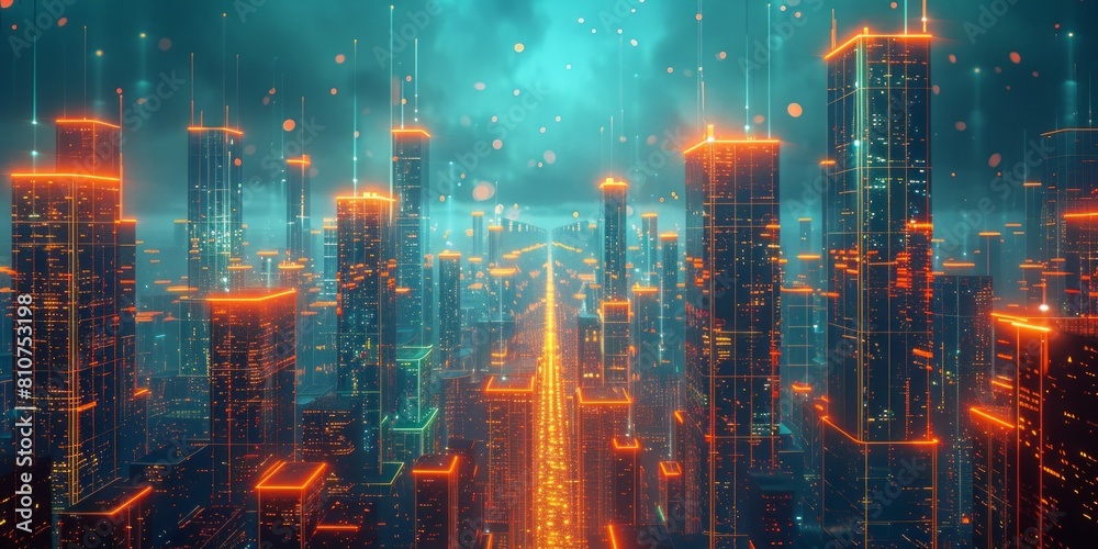 Sci-fi Cityscape with Orange and Green Neon lights. Night scene with Visionary Skyscrapers