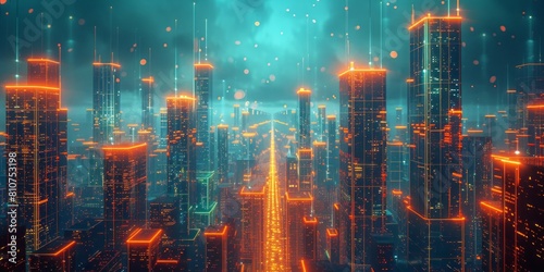 Sci-fi Cityscape with Orange and Green Neon lights. Night scene with Visionary Skyscrapers