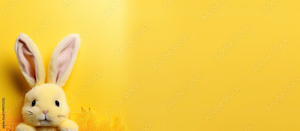 A yellow velvet bunny is displayed on a yellow background with copy space image at the top and bottom creating a flat lay easter and kids party concept A yellow velvet bunny is displayed on a yellow background with copy space image at the top and bottom creating a flat lay easter and kids party concept