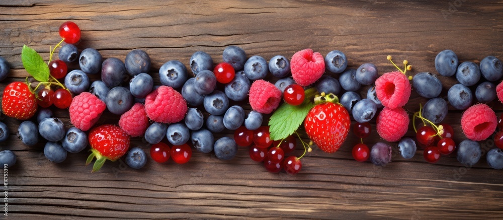 A rustic wooden background serves as the backdrop for a charming arrangement of fresh berries including blueberries and raspberries creating a visually appealing copy space image