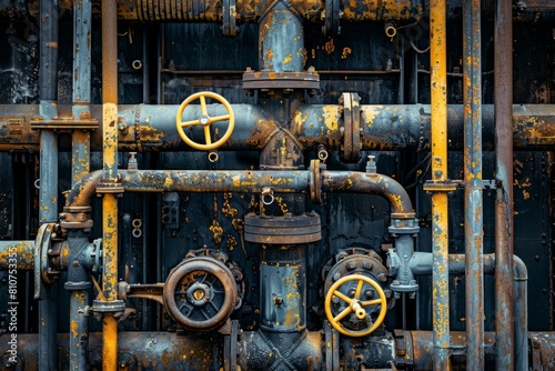 Detailed close-up of industrial pipework and valves on a building, showcasing the intricate details and textures of the wastewater treatment system