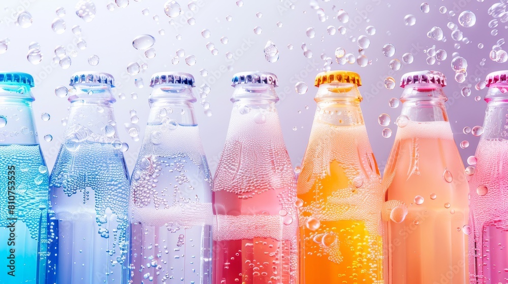 A row of colorful drinks with ice cubes and fruit slices A row of colorful drinks with ice cubes and fruit slices