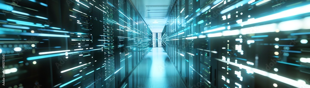 A futuristic data center with glowing blue lights illuminating the room. The room is filled with rows of servers and the air is filled with the sound of the fans.