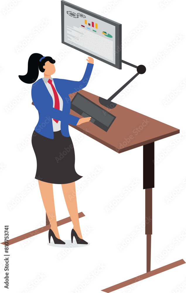 Businesswoman using stand up desk in office for good health Businesswoman using stand up desk in office for good health