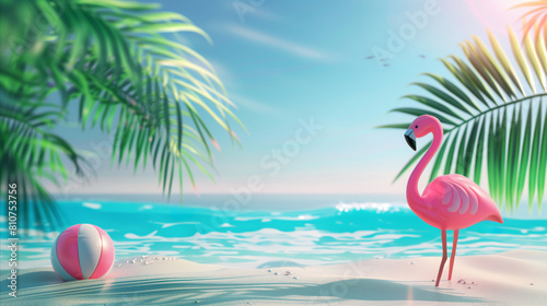 Inflatable pink flamingo toy on the tropical beach, sea banner for summer vacation background © uv_group
