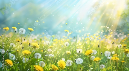 Spring summer meadow with dandelions natural colorful panoramic landscape with many wild flowers, wide banner concept © uv_group