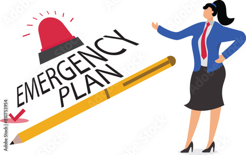 Business emergency plan or strategy illustration, emergency action plan, emergency action plan when business disaster occurs, business stand with a list of emergency plans with an alarm clock beeping