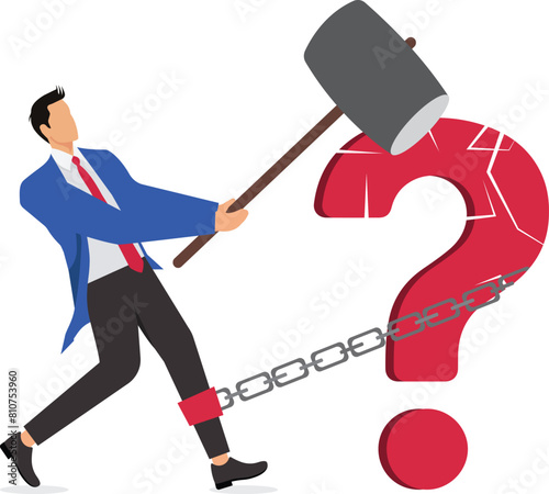Problem solving concept vector illustration, Debt burden, financial obligation or loan payment, solving mortgage or money loan problems, businessman trying to destroy the burden with a big hammer