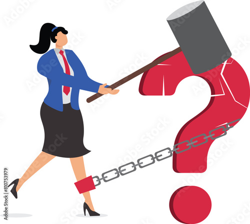 Problem solving concept vector illustration, Debt burden, financial obligation or loan payment, solving mortgage or money loan problems, businesswoman trying to destroy the burden with a big hammer