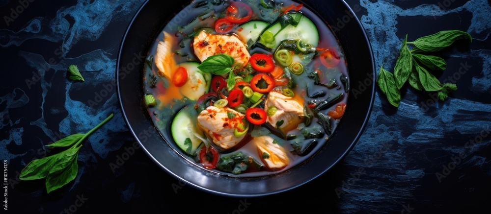 A close up copy space image of an Asian chicken and vegetable soup garnished with zucchini red pepper and carrot served in a blue bowl on a black marble background