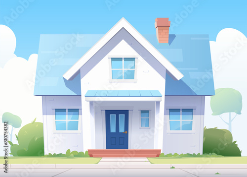 Beautiful house or cottage with blue roof among lush greenery under sky with clouds. Suburban living. Spring or summer ambiance. Cartoon style vector illustration
