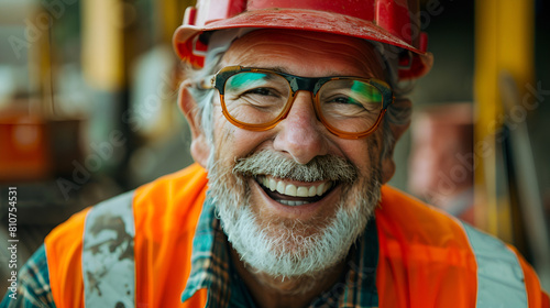 Joyful man in work vest and hard hat exuding warmth and approachability © Alon