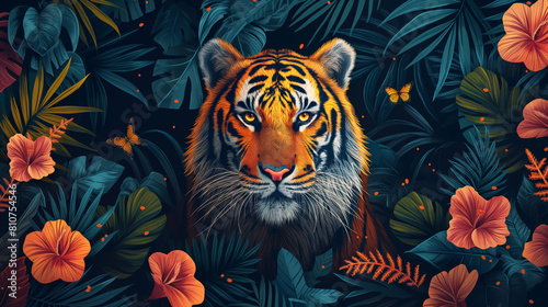 illustration of The tiger is the largest cat species in the world in the center, banner jungle 2d art. photo