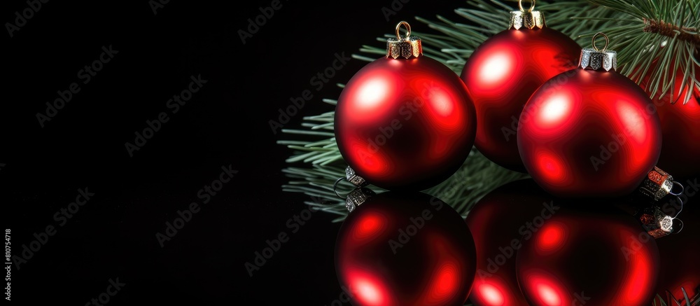 A close up copy space image of a red Christmas tree decoration with red balls and ornaments surrounded by a green fir tree on a black background with a reflection A close up copy space image of a red Christmas tree decoration with red balls and ornaments surrounded by a green fir tree on a black background with a reflection