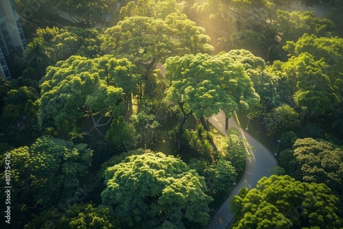 Aerial perspective of a road winding through a lush forest of tall trees with sunlight filtering through the canopy