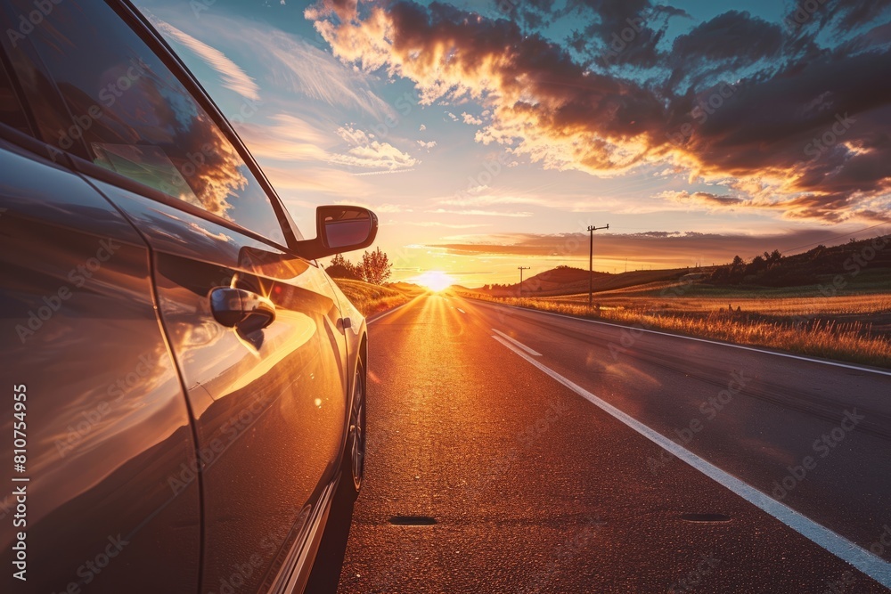 A car is seen driving down an empty road with the warm glow of the setting sun in the background