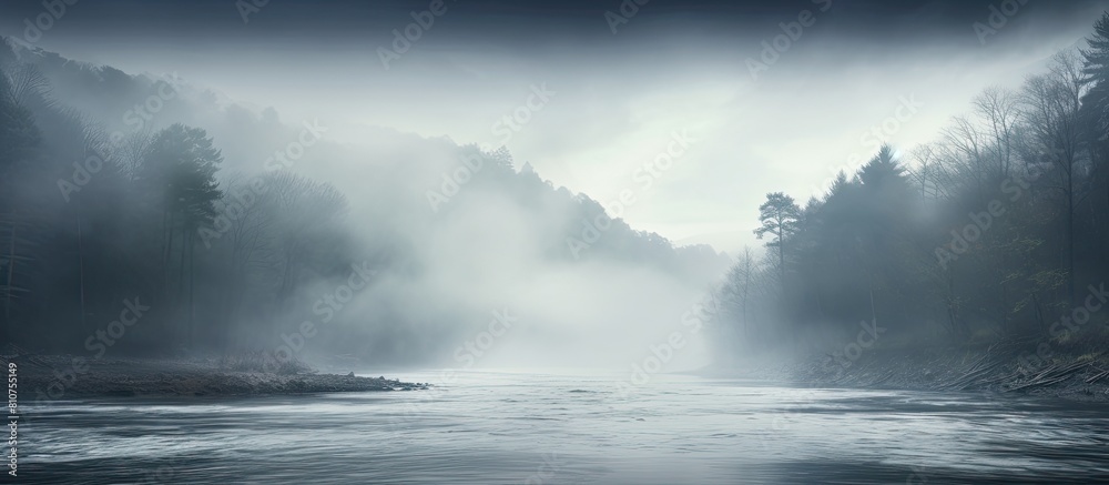 In damp and cold weather a misty river or reservoir bank is depicted offering a background suitable for text with copy space image