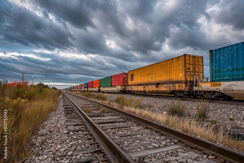 A commercial freight train is seen traveling down train tracks under a cloudy sky