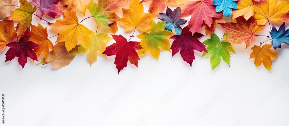 Autumn leaves in vibrant colors create a captivating background framed by bright white Evoking the feeling of fall this image represents the changing seasons Copy space image