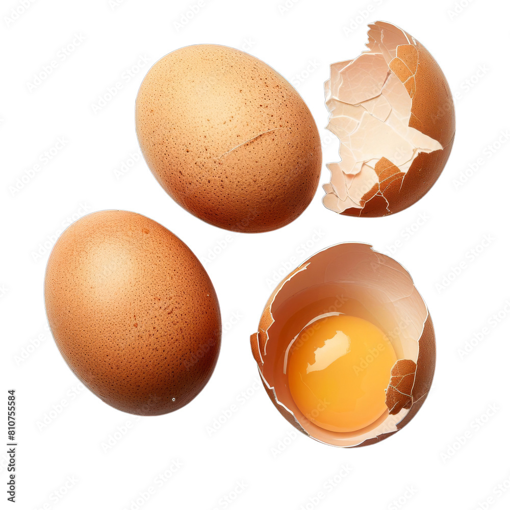 Two brown eggs and two halves of brown cracked eggs. isolated on transparent background. Two brown eggs and two halves of brown cracked eggs. isolated on transparent background.
