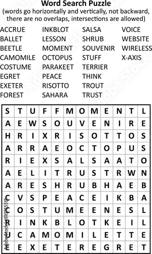 Word search puzzle (general knowledge, family friendly, words ACCRUE - X-AXIS). Answer included.
