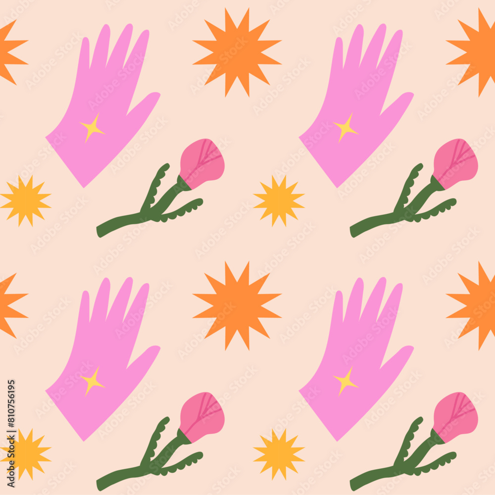 Estampado dibujado a mano de manos y flores