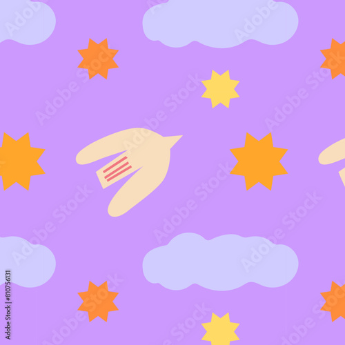 Estampado dibujado a mano de nubes y pájaros