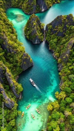 Aerial view of the iconic mangroves and turquoise lagoons in El Nido  Palawan Island with small boats around it.