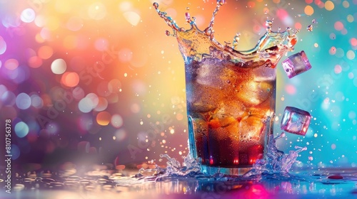 A dynamic image of a glass of cola with ice cubes splashing out against a vibrant  colorful background