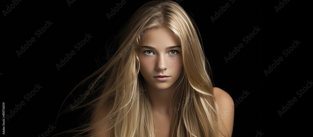 Attractive teenage girl with long blond hair posing against a black background providing the perfect copy space image Attractive teenage girl with long blond hair posing against a black background providing the perfect copy space image
