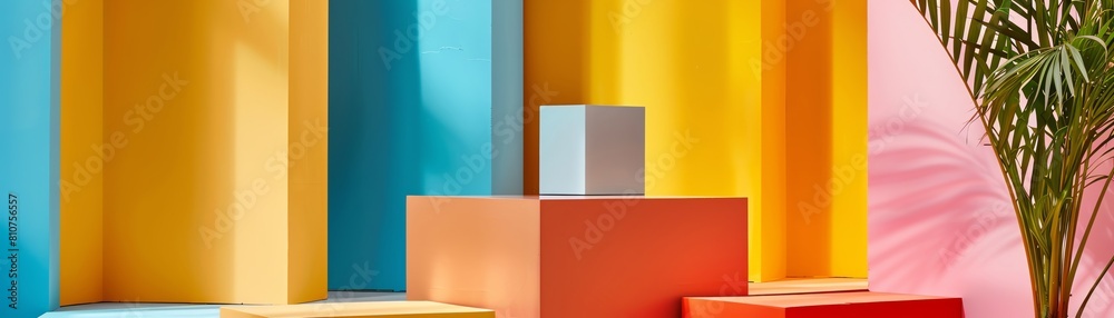 Create a 3D colorful podium scene with a blue background, yellow and pink accents, and a palm tree shadow on the right. Make it look professional and clean.