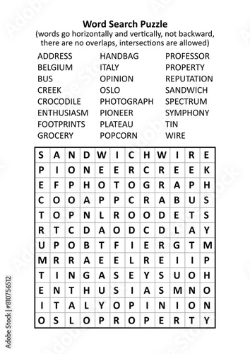 Word search puzzle (general knowledge, family friendly, words ADDRESS - WIRE). Answer included.
