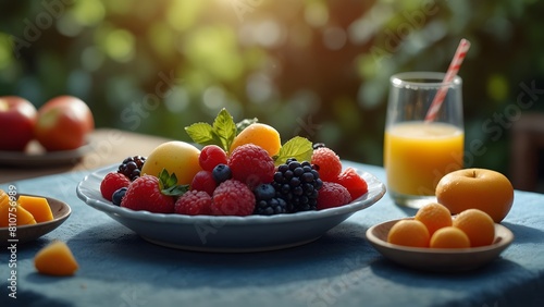 World food safety day with a vibrant outdoor feast, mixed fruits dish recipe on the table photoshoot for an advertisement, a sunny background filled with dishes