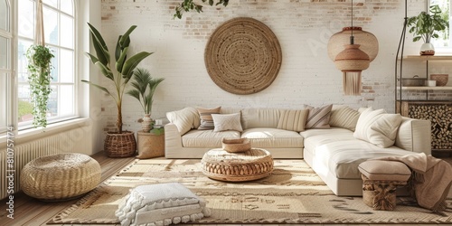 Contemporary Interior Design Background. Boho Living Room.